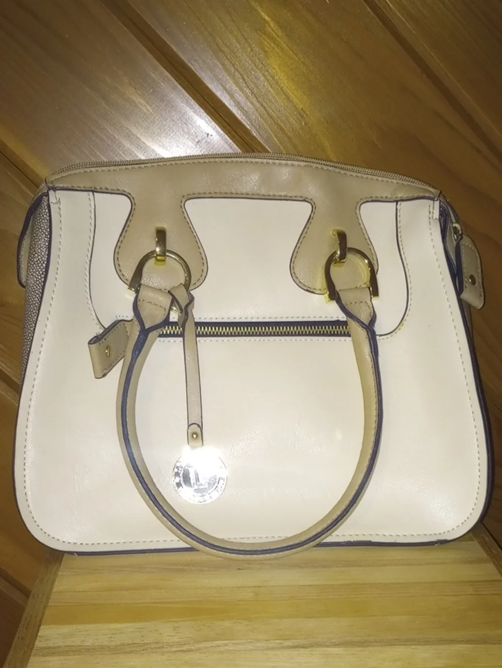 London Fog Cream and Tan Women’s Handbag with Gold Accents